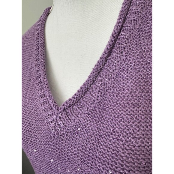 DKNY Jeans Women’s L Purple V-Neck Sequin Knit Sweater 3/4 Sleeves Light Comfort - Picture 2 of 9